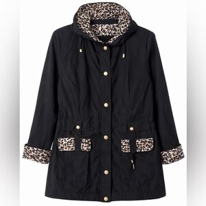 JM Collection Black Utility Jacket Hooded Abstract Print Trim Women’s L